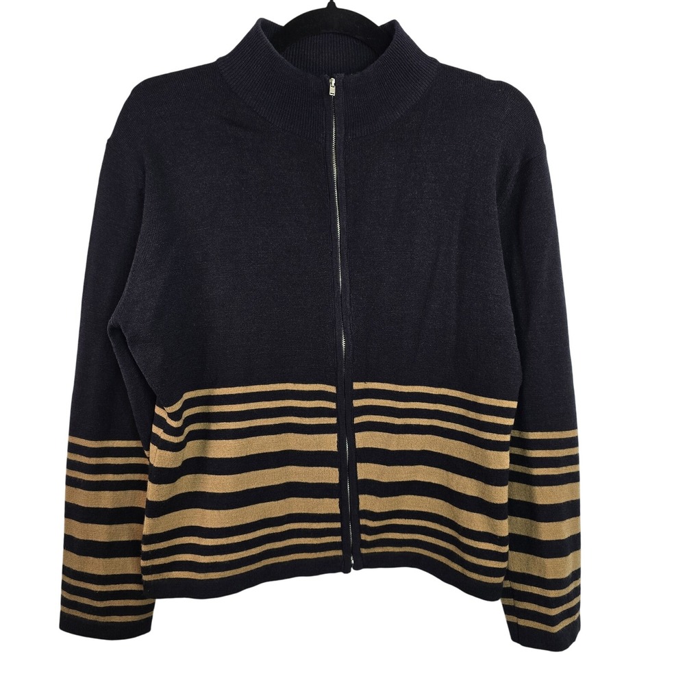 Harve Bernard Full Zip Long Sleeve Wool Blend Sweater Black Brown Striped Medium